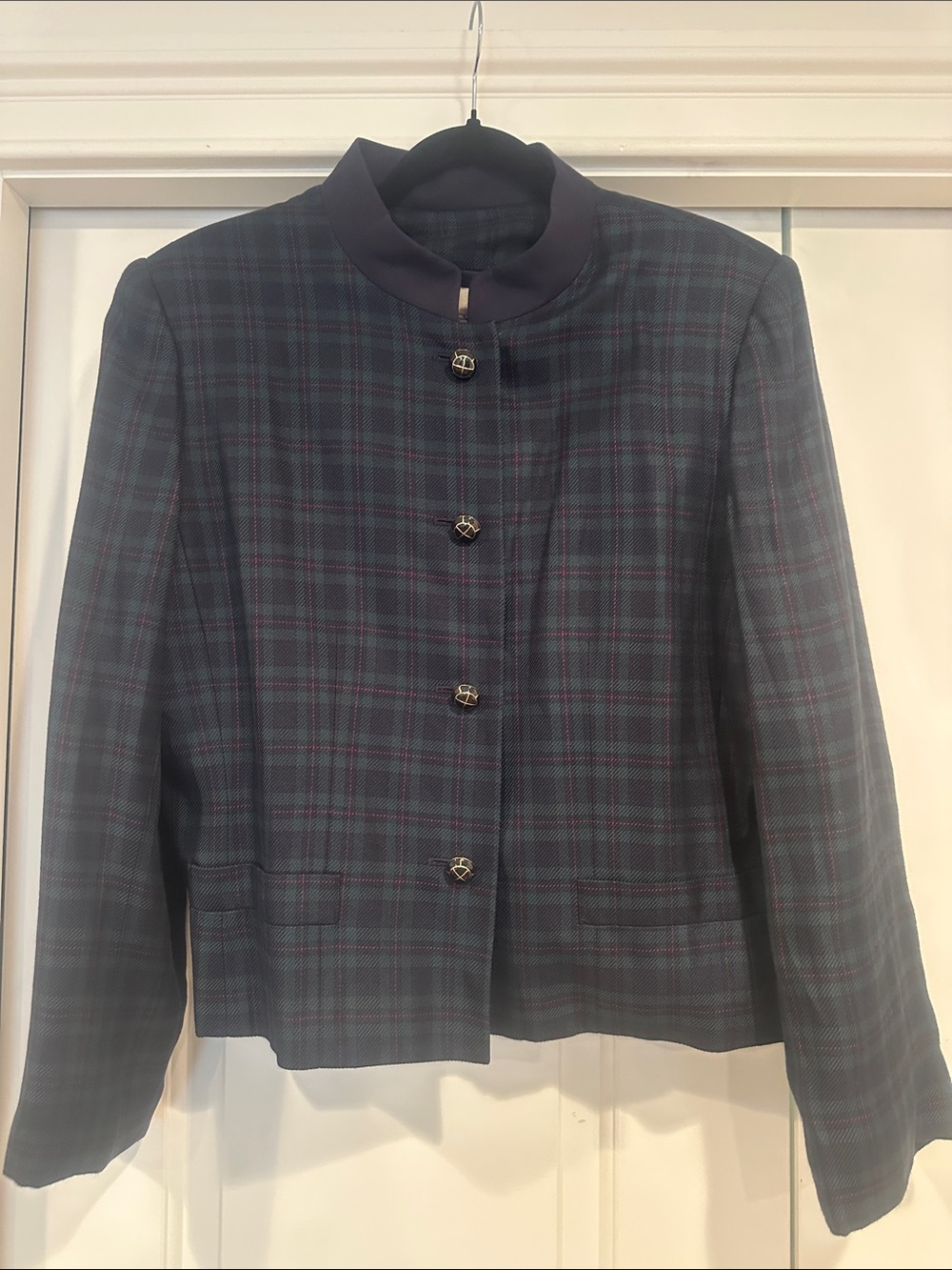 Kim Rogers Navy & Burgundy Plaid Stand-Collar Blazer